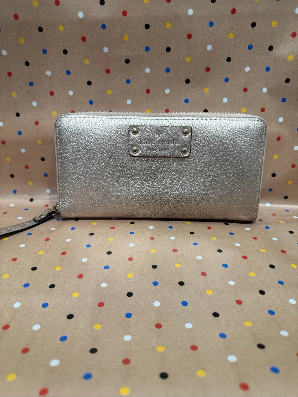 kate spade Metallic Gold Zip-Around Wallet with Logo Plate